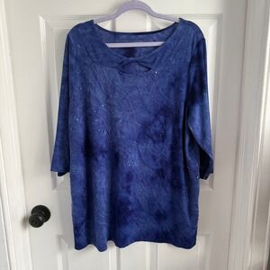 Catherines Blue Tie Dye Sequin Embroidered Tunic Top Twist Neck 1X